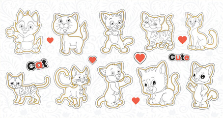 Set of cute valentine cat stickers collection printable animal sticker bundle with hand drawn cartoon character  style cat emotions vector design funny doddle pets illustrations for kids