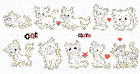 Set of cute valentine cat stickers collection printable animal sticker bundle with hand drawn cartoon character  style cat emotions vector design funny doddle pets illustrations for kids