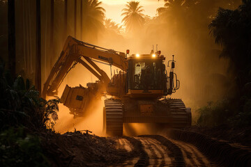 Fototapeta na wymiar After the Sunset: Devastation of a Tropical Forest. Heavy Equipment. Generative AI