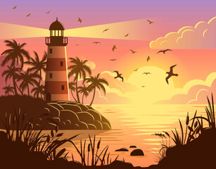 Obraz premium Colorful vector illustration of a seascape at sunset with a lighthouse