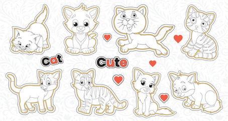 Fototapeta premium Set of cute valentine cat stickers collection printable animal sticker bundle with hand drawn cartoon character style cat emotions vector design funny doddle pets illustrations for kids