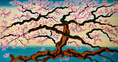 AI生成した浮世絵風の桜の大木　AI-generated ukiyoe-style large cherry tree. Generative AI ジェネレーティブ