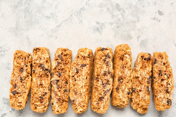 Tasty biscotti cookies on grey table