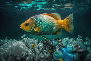 Naklejka premium Ocean pollution concept. Fish under water in sea and plastic waste. Problem in environmental system. Created with Generative AI