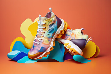 Creative bright colorful sneakers on abstract background. Sport footwear and fashion concept. Banner for design. Created with Generative AI