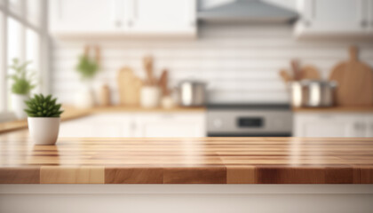 Fototapeta na wymiar Wooden table with a defocused kitchen room. For montage product display. Copy space. Generative ai..
