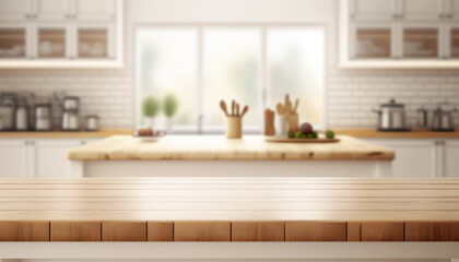 Obraz na płótnie Canvas Wooden table with a defocused kitchen room. For montage product display. Copy space. Generative ai..