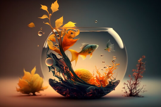Beautiful fairy fish is swimming in a glass bowl. Aquarium fish. Generative AI