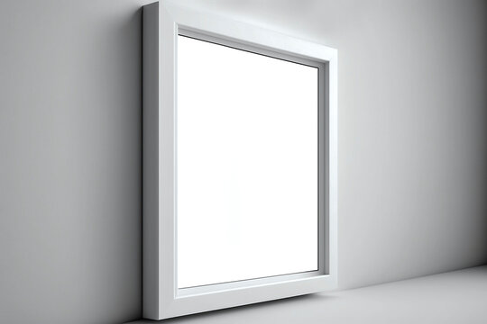 Minimal empty square white frame picture mock up hanging on white wall background with window light and shadow.