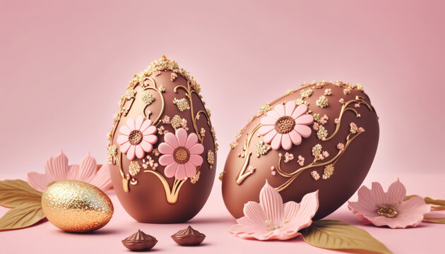 Festive decorated chocolate easter eggs on pink background, Generative AI image	