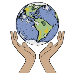 Two beautiful female hands holding planet Earth. Creative environmental concept. Isolated vector illustration.