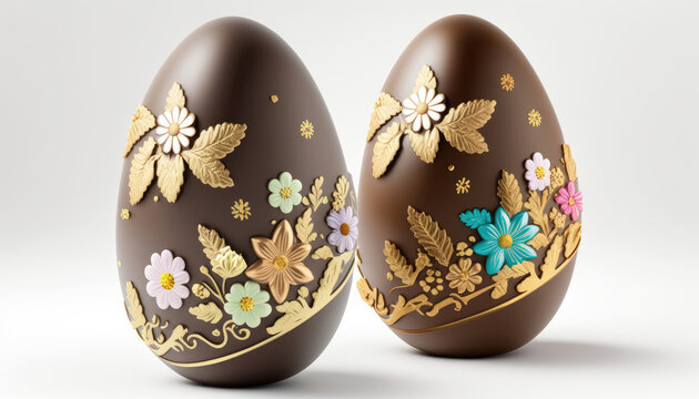 Decorated chocolate easter eggs with golden flowers, Easter Generative AI illustration	