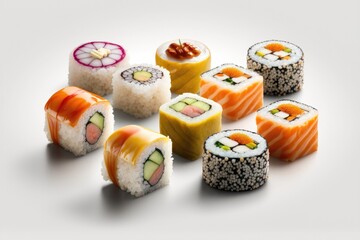 Creative layout made of sushi on white background. Food concept. AI generation