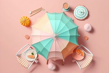 Top view Beach umbrella with chairs on pastel pink background. summer vacation concept. AI Generation