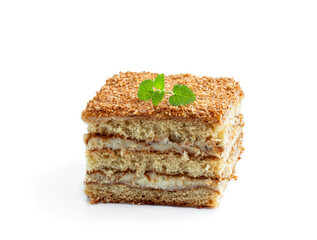 Sweet homemade honey cake slice isolated on white