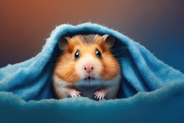 On a blue background, a cute, fluffy hamster peeks out from under a towel. Giving a hamster a bath. Wet hair. Funny animals. Generative AI
