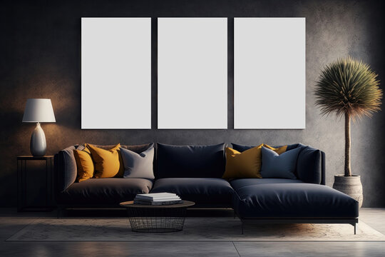 A mockup of the three blank paintings in the interior. AI generation
