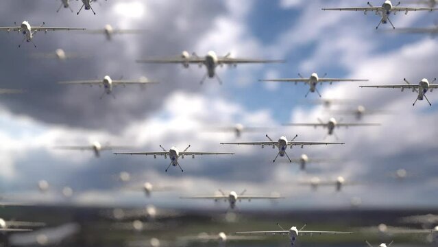 Armada of military drones flying against the backdrop of a beautiful cloudy sky.