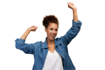 Happy African American woman in casual denim, dancing and smiling looking at camera, isolated on transparent  background	
