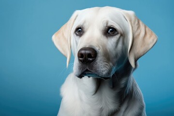 Labrador dog looking cute sitting on blue background. Generative AI