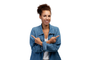 Beautiful smiling African American woman, keeps arms crossed with fingers pointing at copy space isolated on transparent background. Clipping path