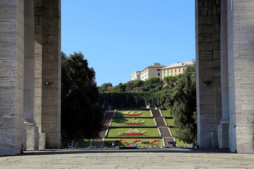 Perspective of the Caravelle staircase in Genoa city seen from the triumphal arch of the Victory Square. The official name of this garden is the Unknown Soldier's Staircase and recalls the 3 caravels