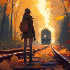 Autumn Journey: A Girl's Adventure on the Train Rails. Generative AI
