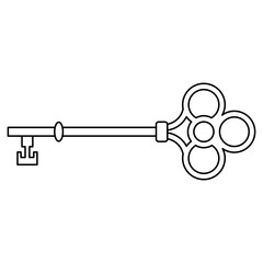 Antique skeleton key. Black and white linear silhouette. Isolated vector illustration.