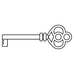 Antique skeleton key. Black and white linear silhouette. Isolated vector illustration.