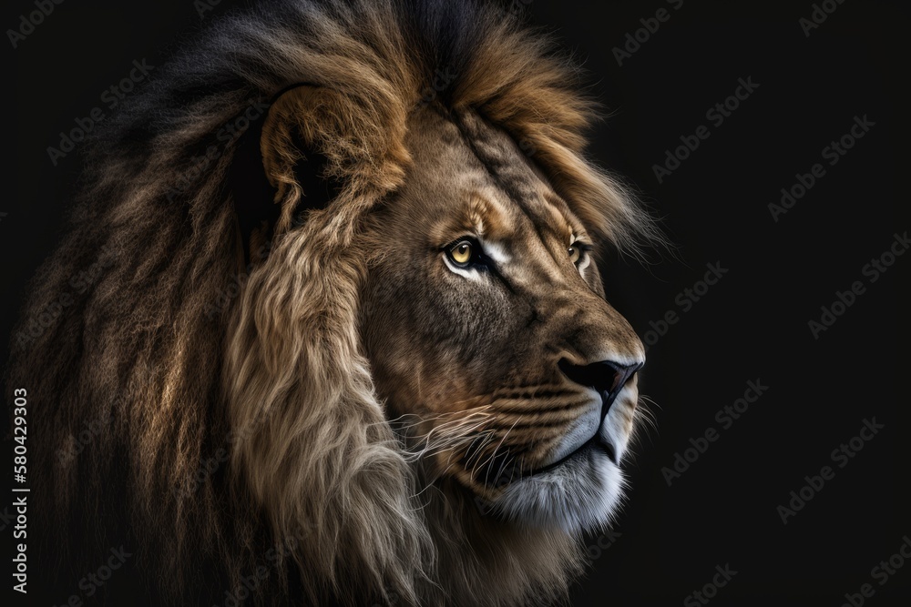 Poster Lion king on black, Portrait of an animal from the wild. Generative AI