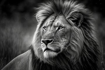 Lion, a head shot of an adult lion in black and white. Generative AI