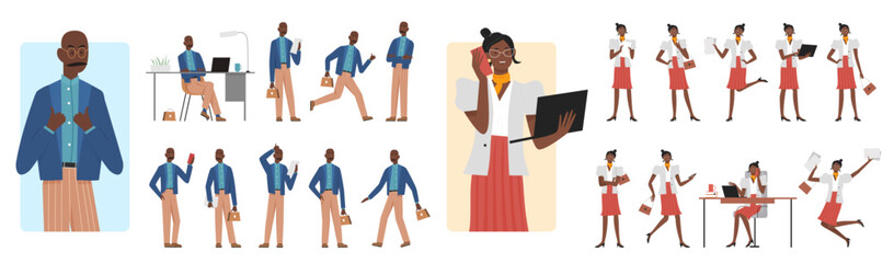 Cartoon isolated busy dark skin businessman businesswoman office outfit, corporate managers working and talking phone, running with briefcase and walking. Business people pose set vector illustration