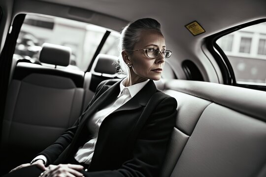 An executive woman, CEO, travels in a limousine. Ai generated.