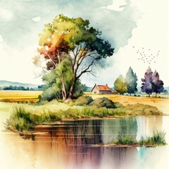 Captivating Watercolor Depiction of a Serene Summer Landscape - obrazy, fototapety, plakaty