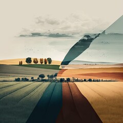 Fields of Serenity: A Muted Landscape Painting in Soft Hues of Nature, Inviting You to Embrace Tranquility and Calmness - obrazy, fototapety, plakaty
