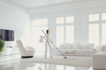 Illustration of a woman cleaning a spacious and luxurious living room with lots of natural light. Ai generated.