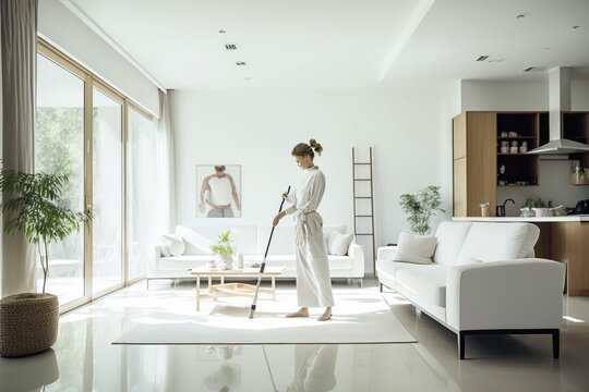 Illustration Of A Woman Cleaning A Spacious And Luxurious Living Room With Lots Of Natural Light. Ai Generated.