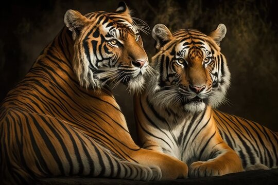 Male and female tigers in their natural habitats striking a romantic pose. Generative AI