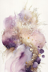 Beautiful watercolor abstract painting in purples, gold and white