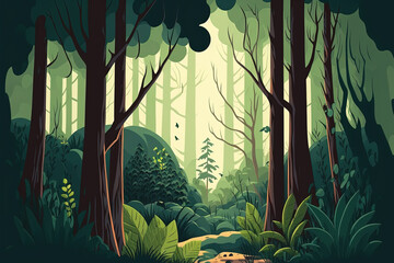 Green Fairy Cartoon Forest, Trees Landscape. Generative AI