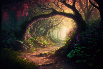 Magic Fairy Forest, Landscape with Trees and Trail. Generative AI