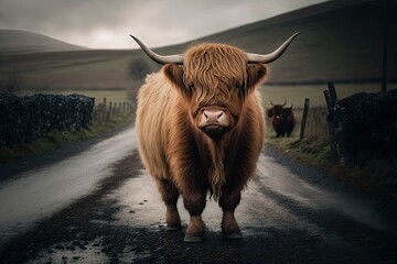Near a gravel road, a highland cow with a long tuft of reddish hair looks straight into the camera. Generative AI - obrazy, fototapety, plakaty