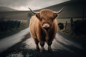 Foto op Canvas Near a gravel road, a highland cow with a long tuft of reddish hair looks straight into the camera. Generative AI © AkuAku