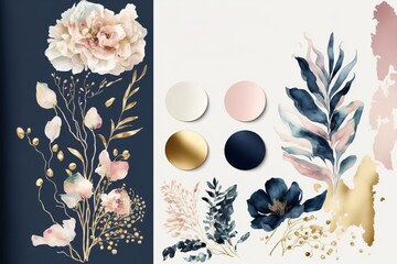 Arrangement. Navy blue blush pink ivory beige watercolor made with Generative AI
