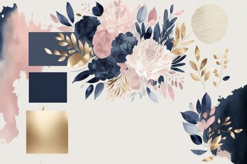Arrangement. Navy blue blush pink ivory beige watercolor made with Generative AI