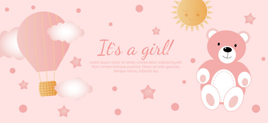Baby shower horizontal banner with pink bear, clouds, stars, sun and balloon on pink background. It s a girl.