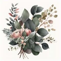 Watercolor floral bouquet branches with green pink blush leave made with Generative AI