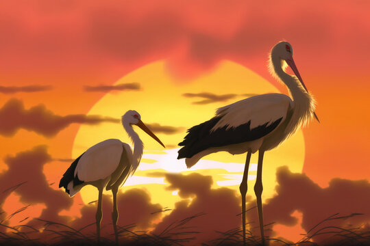 Storks at sunset Generative AI