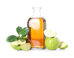 Jug of fresh apple cider vinegar and fruits isolated on white background