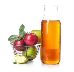 Glass bottle of fresh apple cider vinegar and fruits isolated on white background
